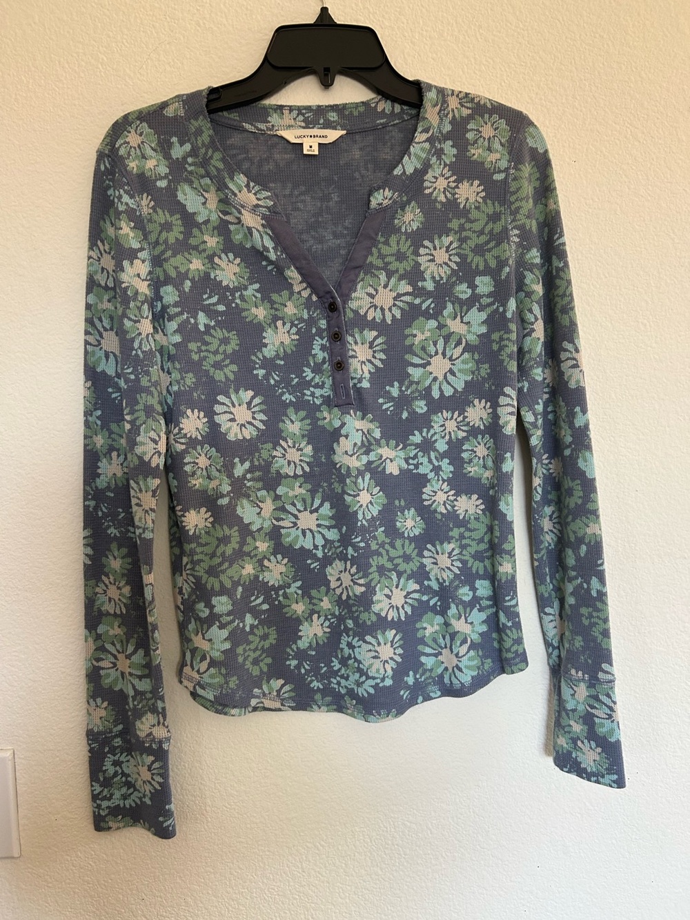 Lucky Brand Blue Floral Long Sleeve Henley Top - Teal & White Flowers
